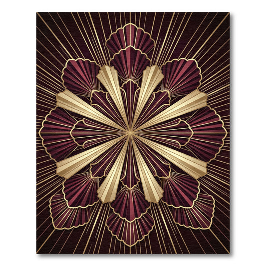 Deep Red Gold Art Deco Fan Radiance Rug