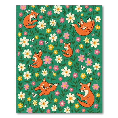 Whimsical Orange Foxes Floral Garden Rug