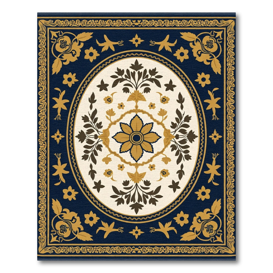 Navy Gold Floral Medallion Oval Rug