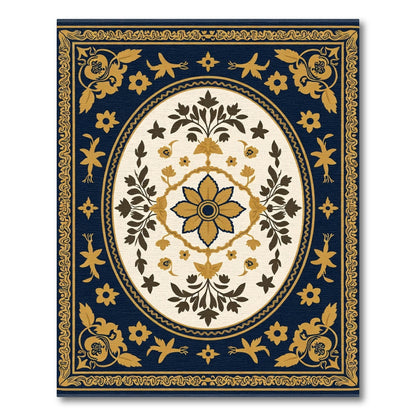 Navy Gold Floral Medallion Oval Rug