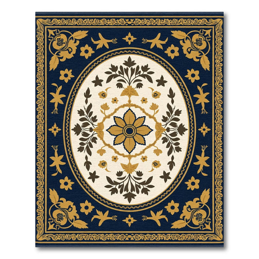 Navy Gold Floral Medallion Oval Rug
