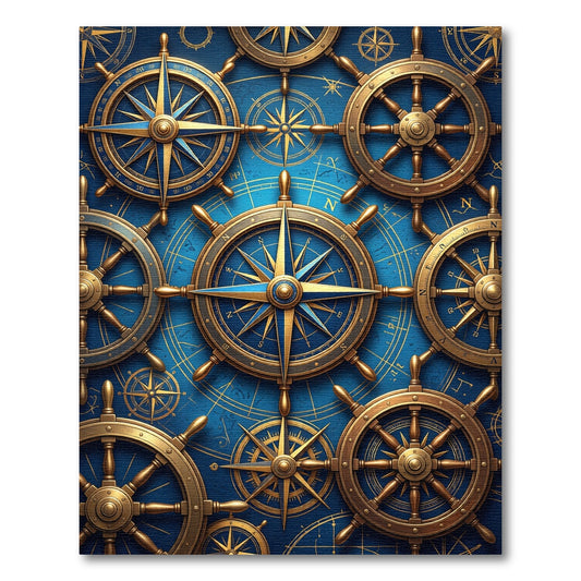 Golden Blue Nautical Compass Wheels Rug