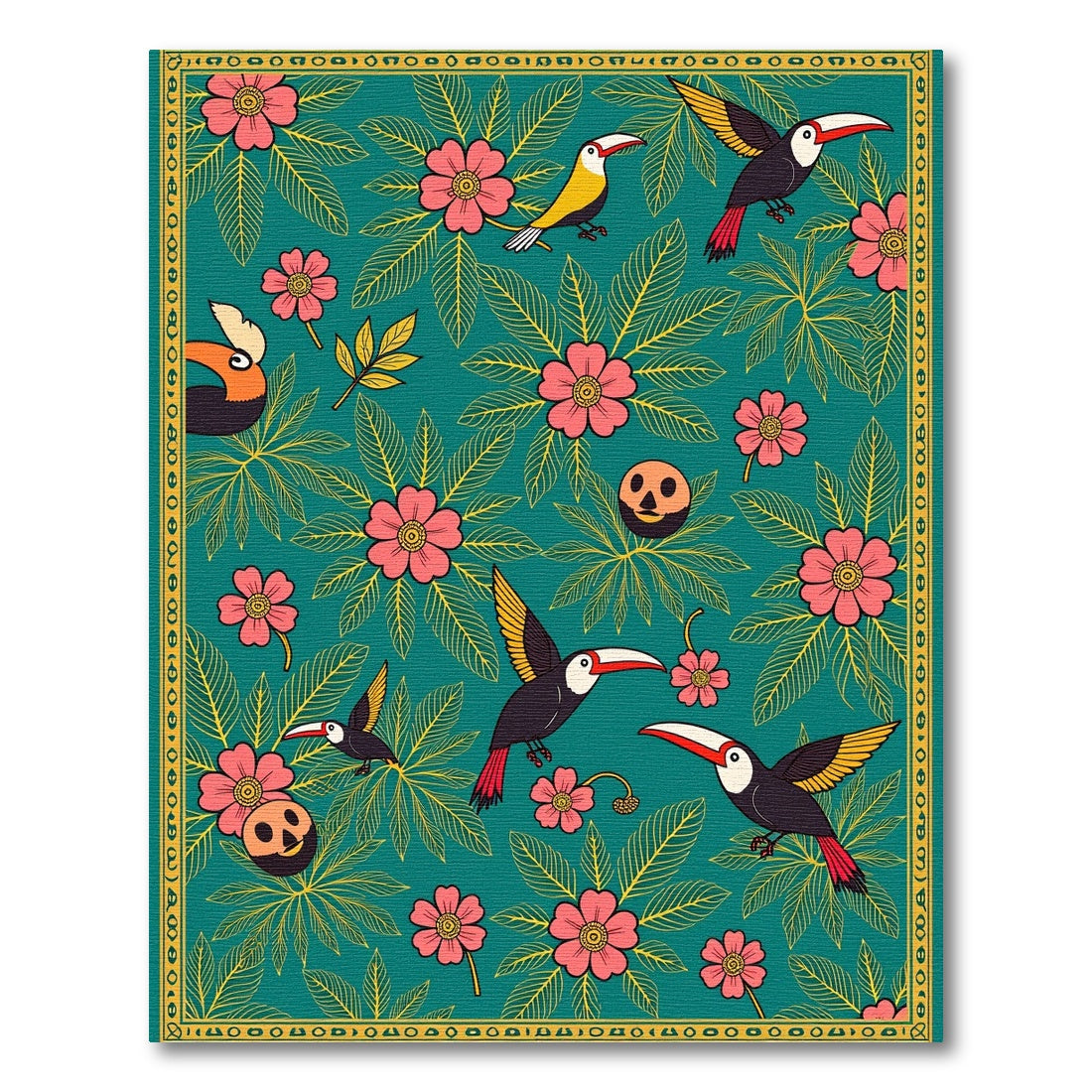 Emerald Green Toucan Floral Scene Rug
