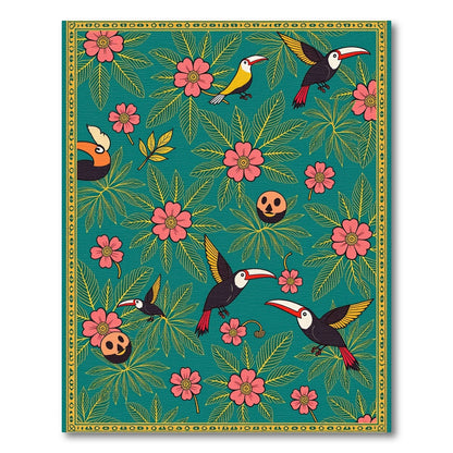 Emerald Green Toucan Floral Scene Rug