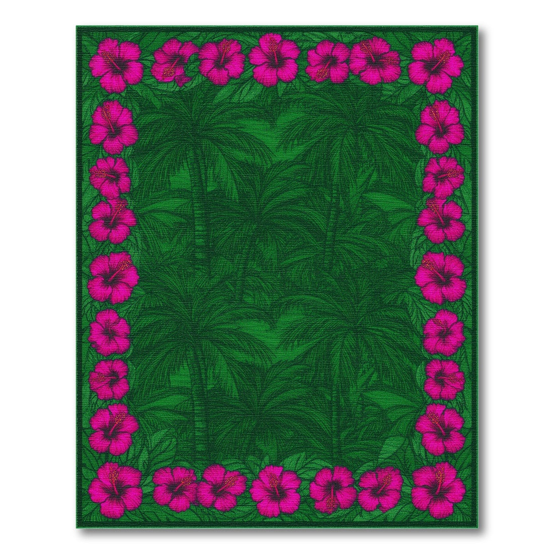 Green Palm Tree Pink Hibiscus Border Area Rug