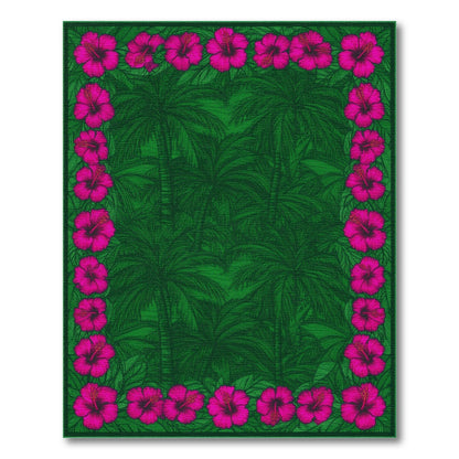 Green Palm Tree Pink Hibiscus Border Area Rug