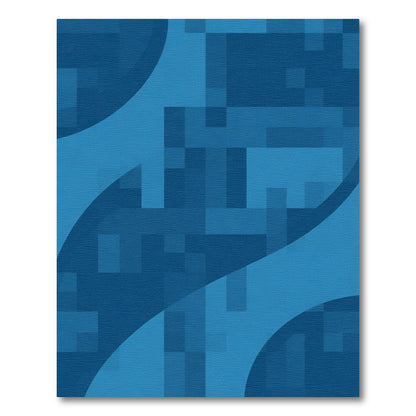 Deep Blue Pixelated Geometric Curve Rug