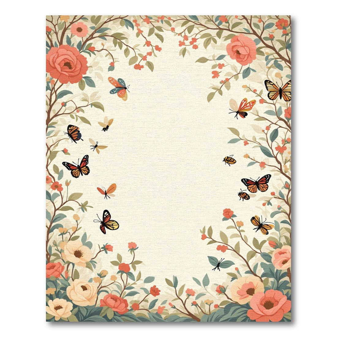 Whimsical Coral Floral Butterfly Meadow Rug