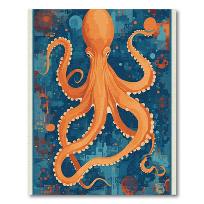 Vibrant Orange Octopus Blue Digital Scene Rug
