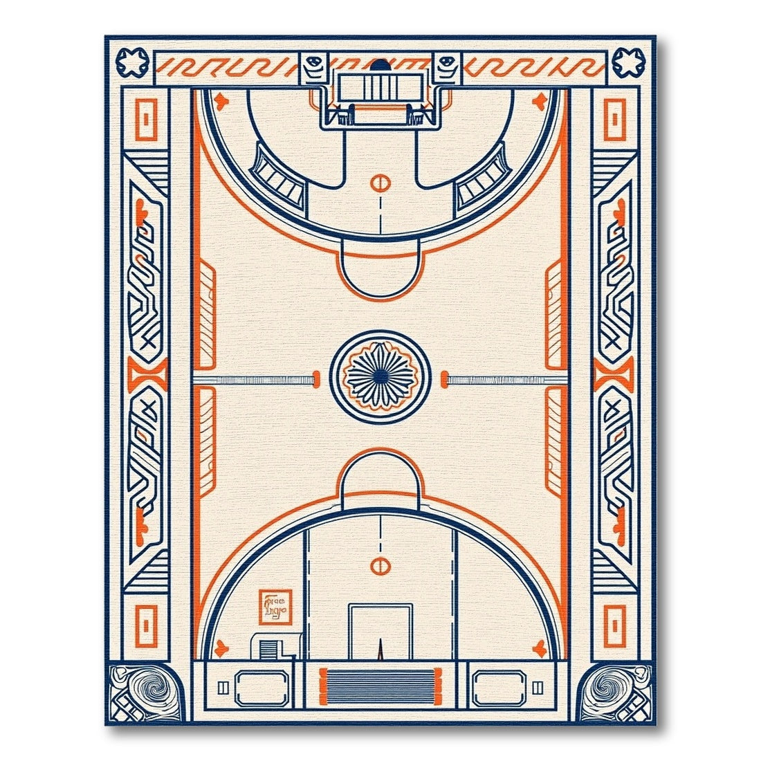 Art Deco Navy Orange Geometric Court Rug