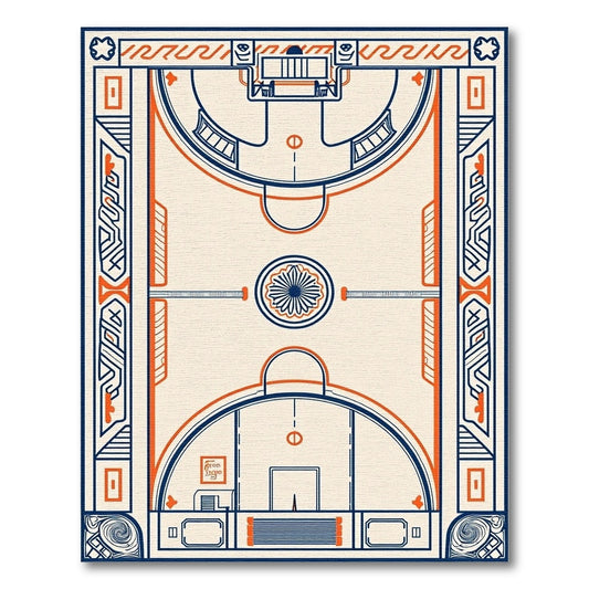 Art Deco Navy Orange Geometric Court Rug