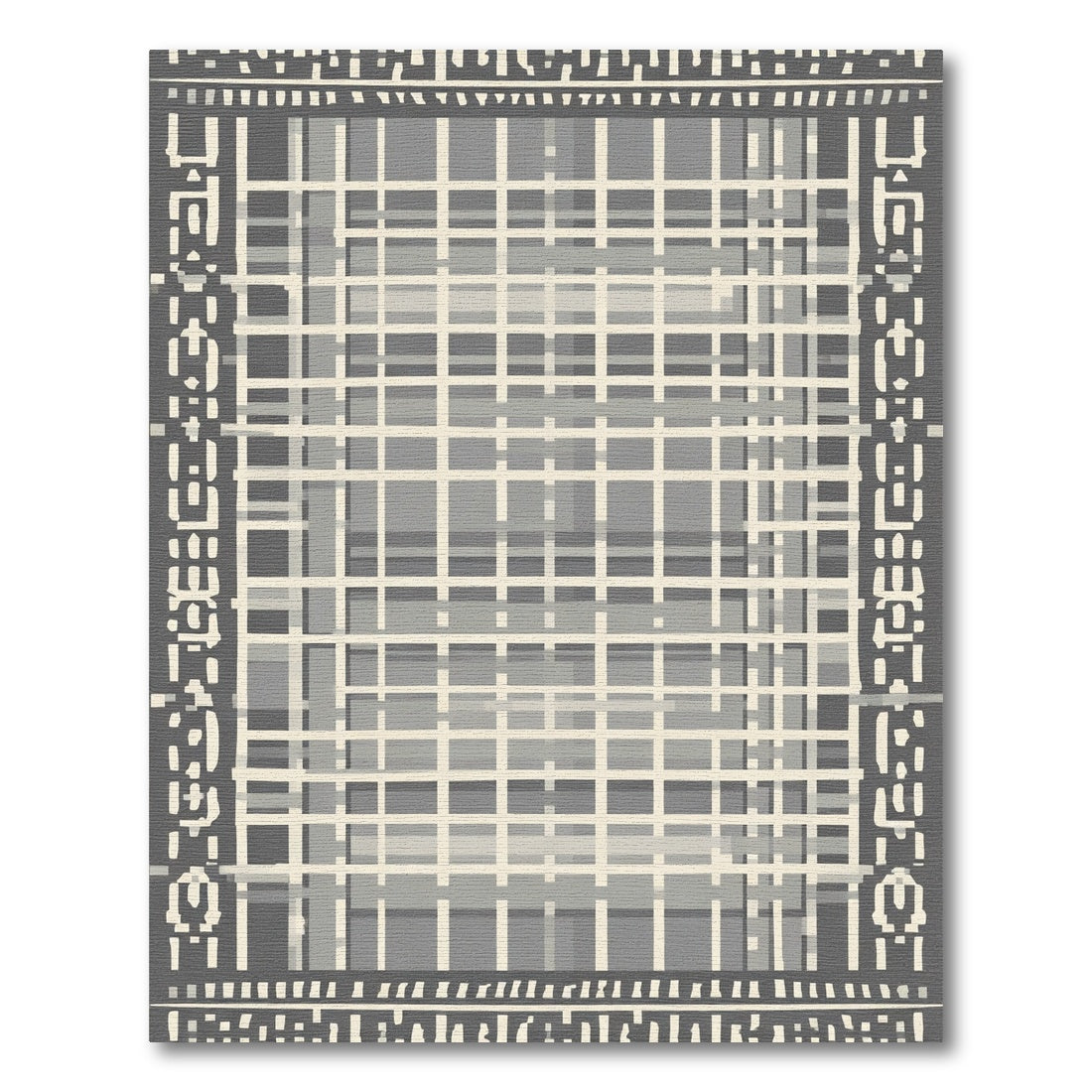 Grayscale Geometric Plaid Bordered Rug