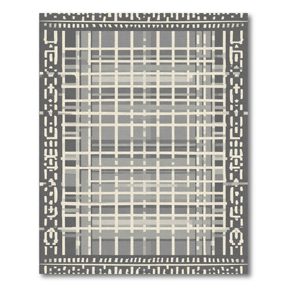 Grayscale Geometric Plaid Bordered Rug