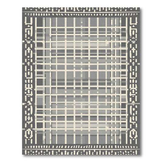 Grayscale Geometric Plaid Bordered Rug