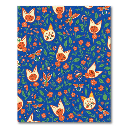 Whimsical Blue Orange Cat Floral Garden Rug
