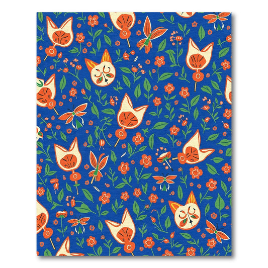 Whimsical Blue Orange Cat Floral Garden Rug