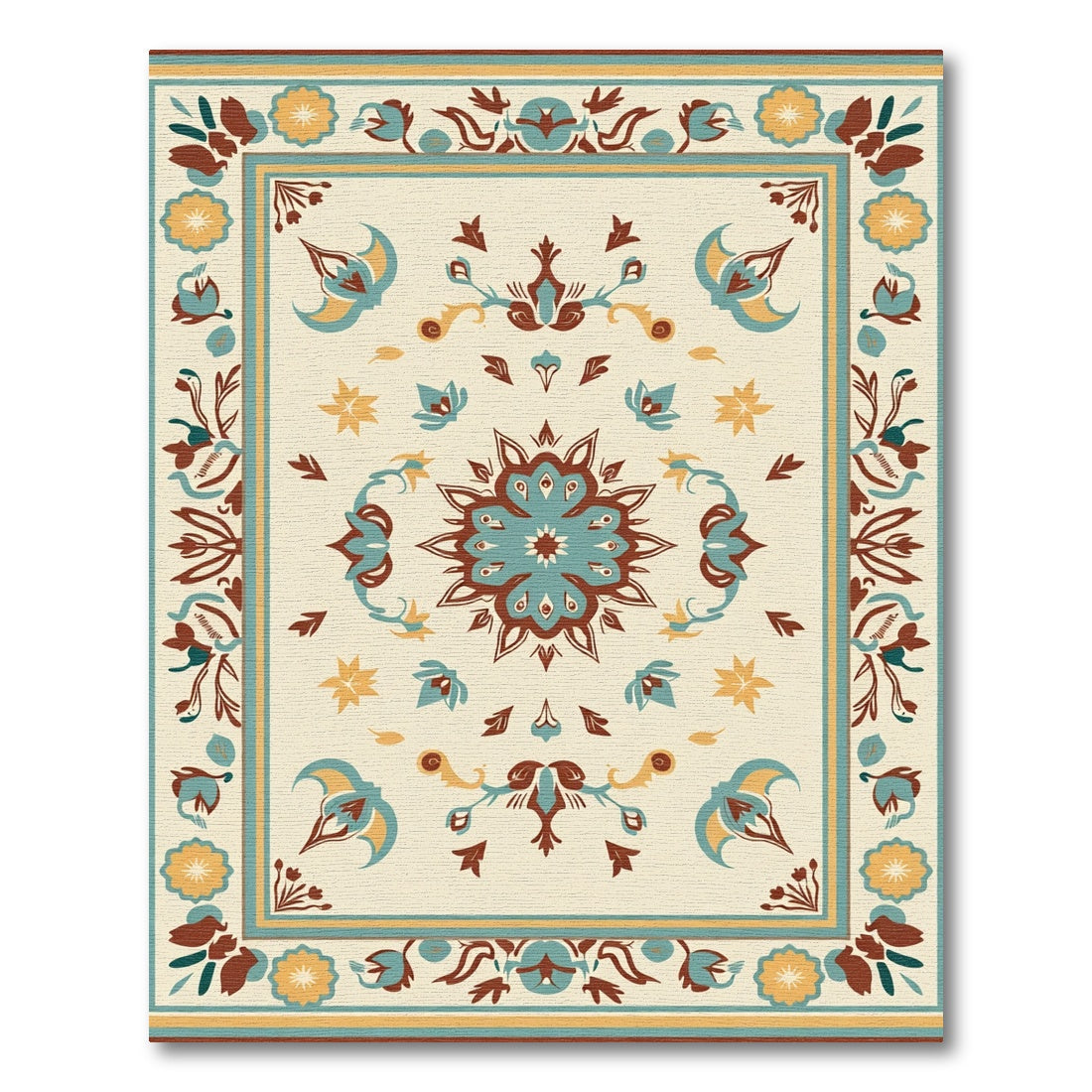 Cream Teal Brown Floral Medallion Harmony Rug
