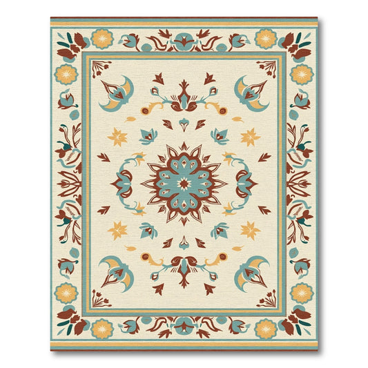 Cream Teal Brown Floral Medallion Harmony Rug