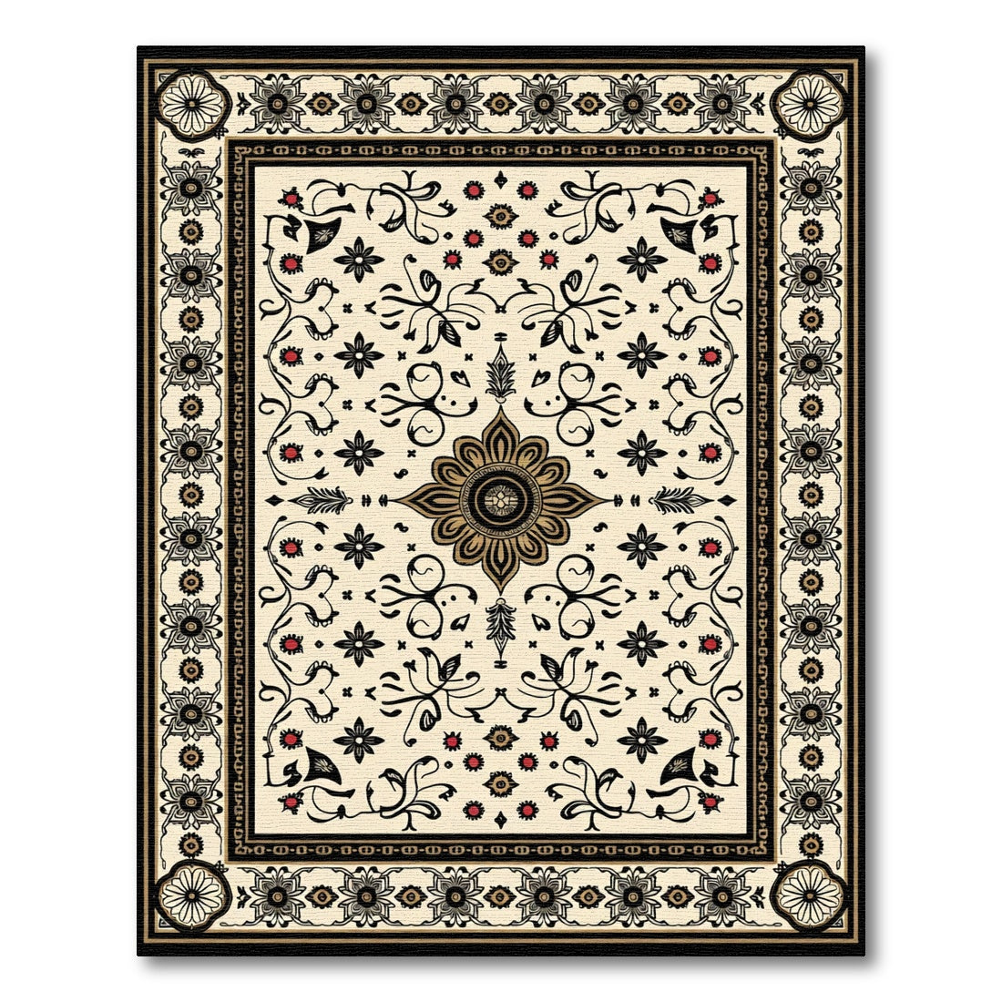Cream Black Gold Floral Arabesque Rug