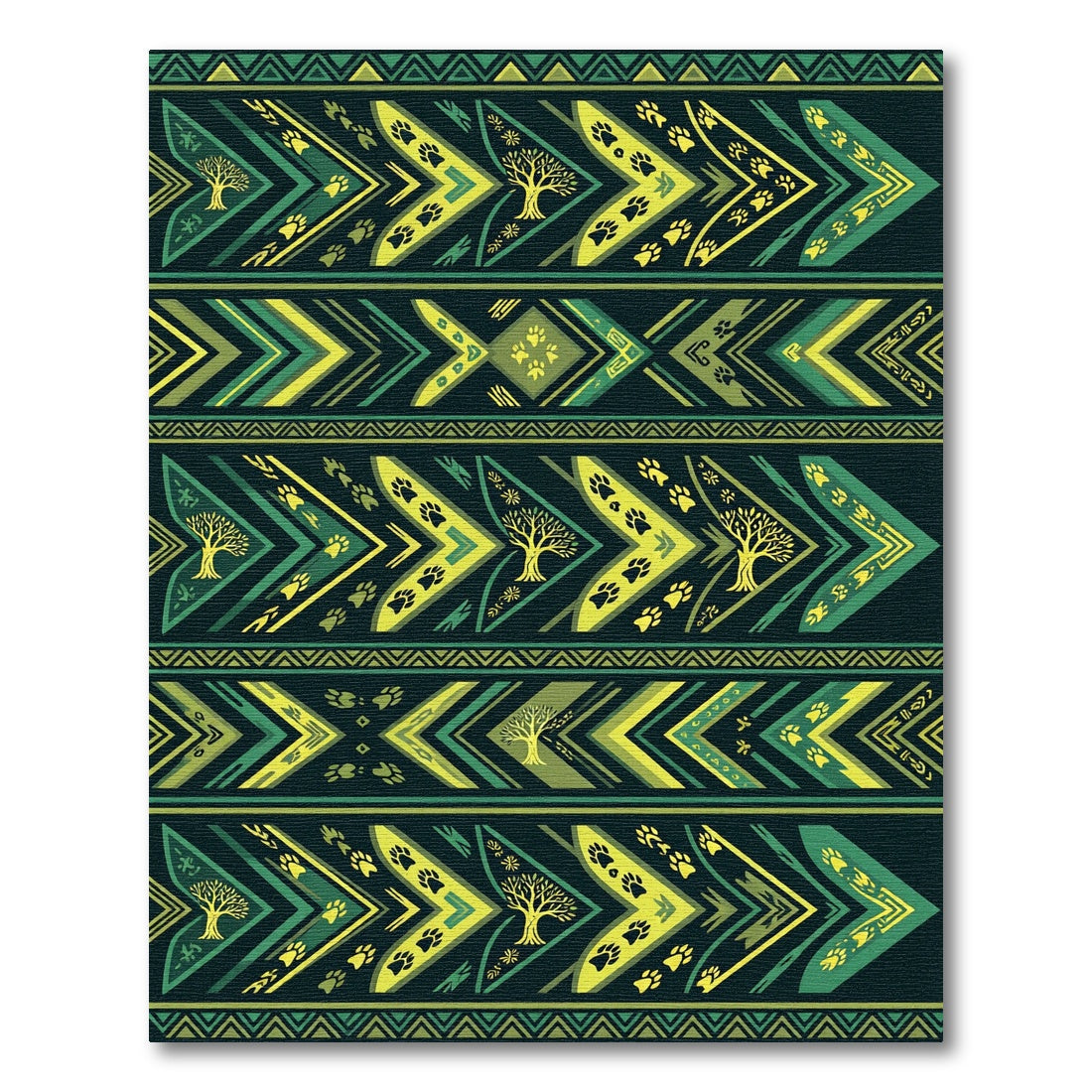 Tribal Green Yellow Paw Tree Arrows Rug