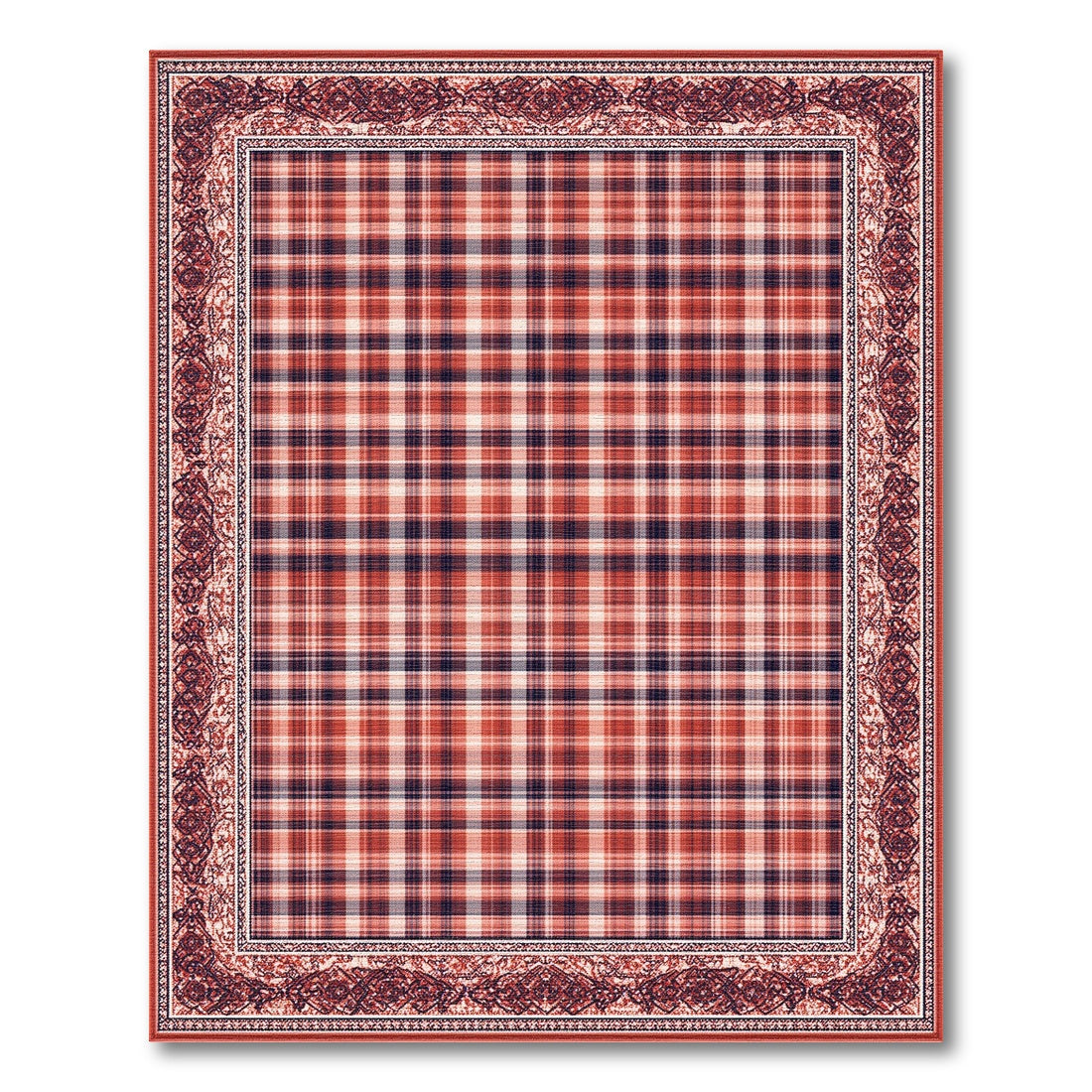 Red Plaid Vintage Border Area Rug