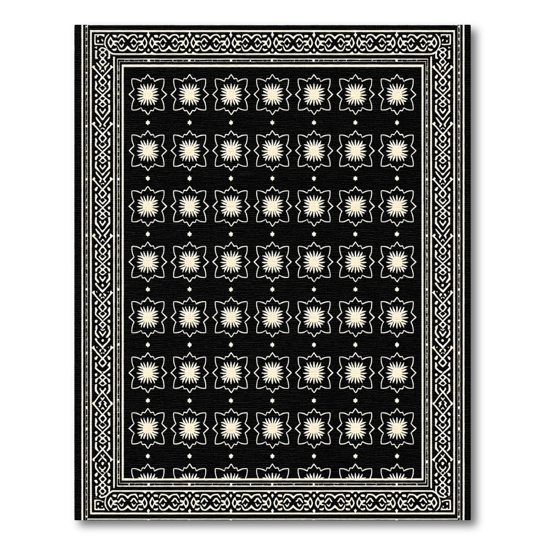 Black Cream Starburst Floral Bordered Rug