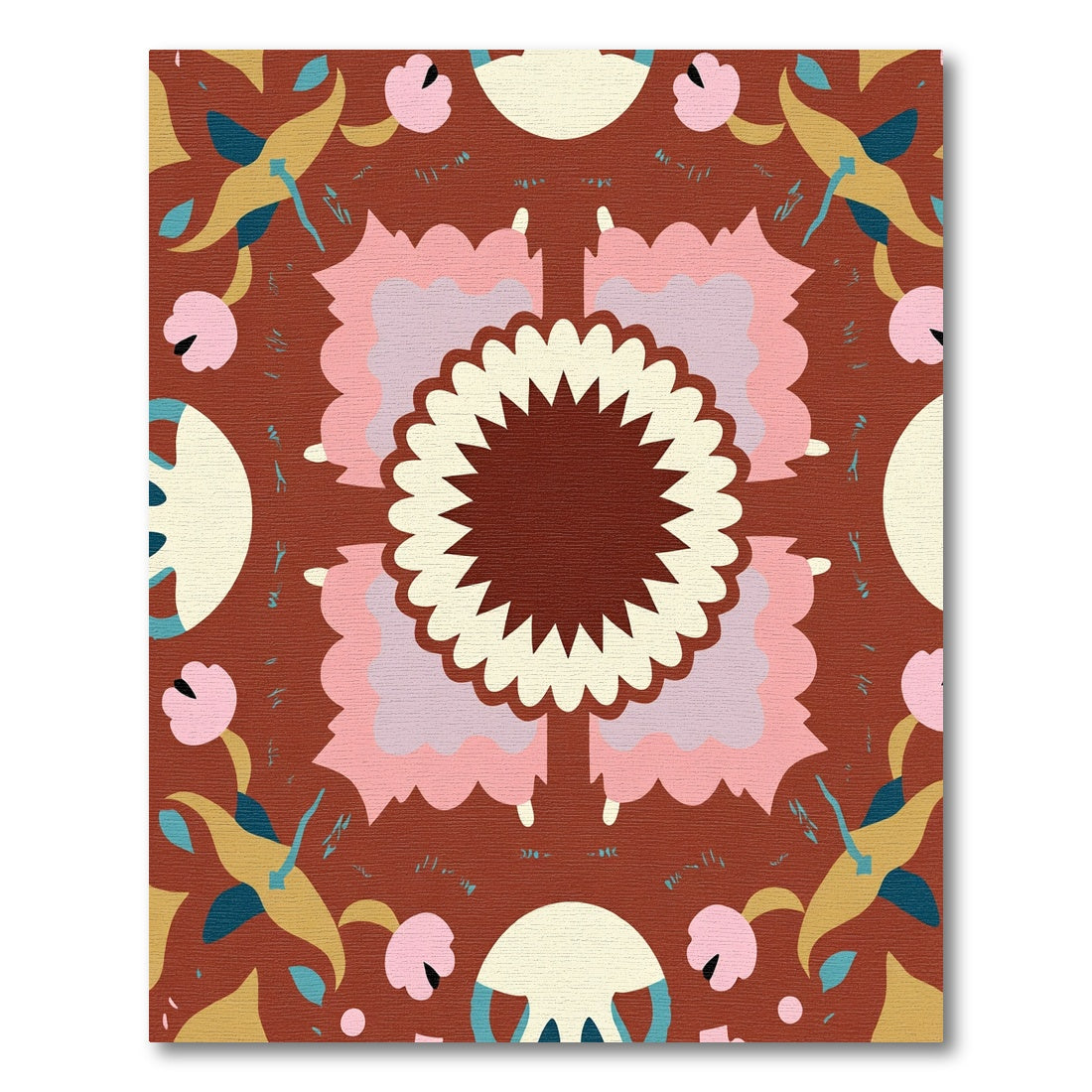 Whimsical Terracotta Floral Medallion Rug