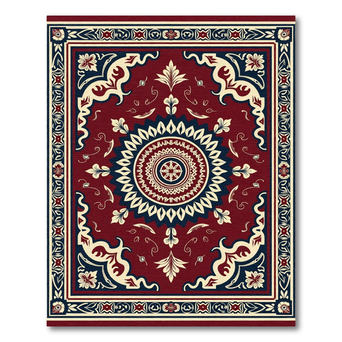 Crimson Cream Navy Medallion Frame Rug