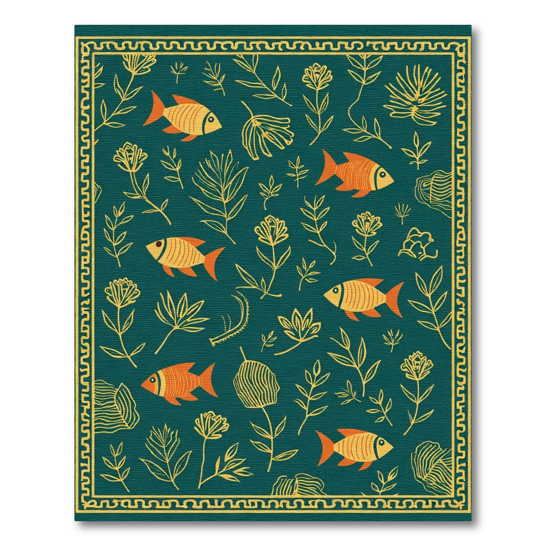 Teal Orange Fish Botanical Border Rug
