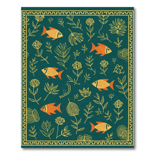 Teal Orange Fish Botanical Border Rug