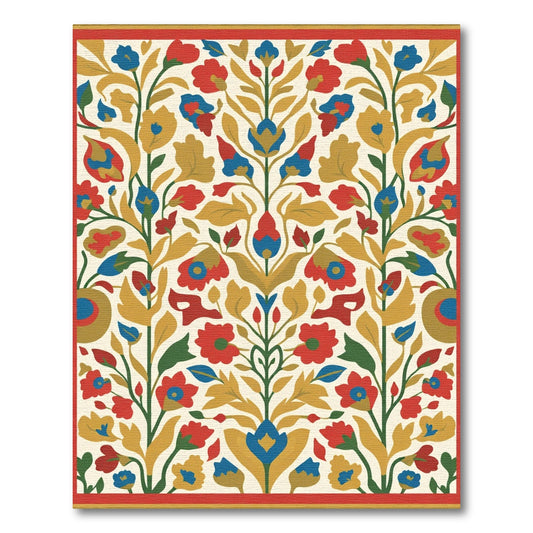 Rich Red Blue Floral Symmetry Rug