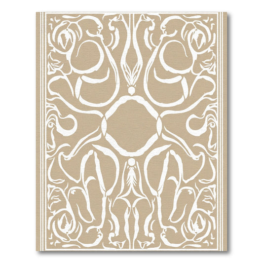 Tuscan Tan White Symmetric Floral Scroll Rug