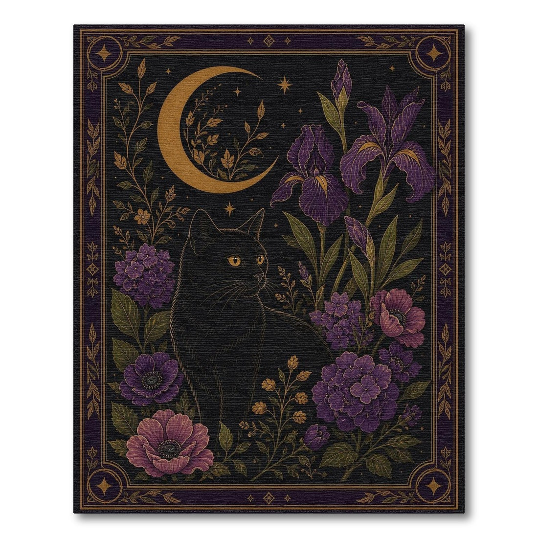 Mystical Black Cat Purple Floral Moon Area Rug