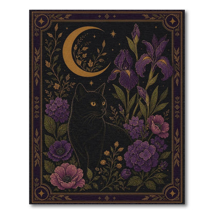 Mystical Black Cat Purple Floral Moon Area Rug