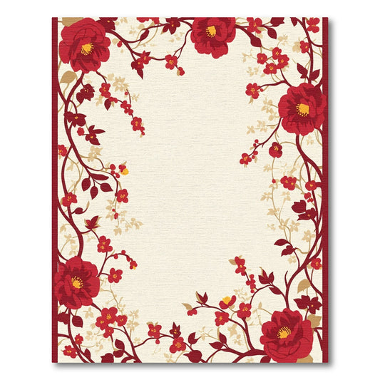 Vibrant Red Floral Branches Beige Background Rug
