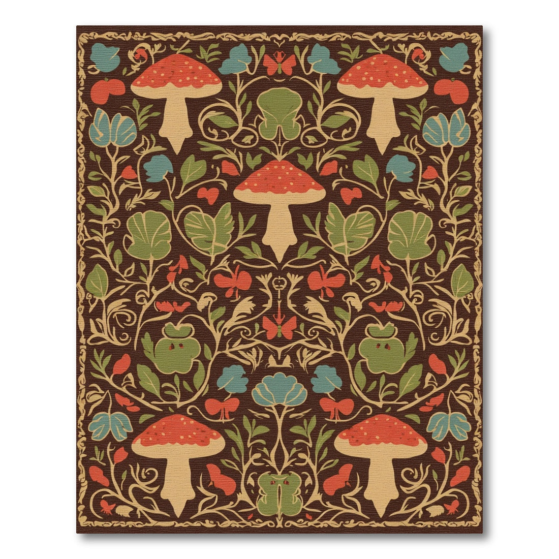 Vermillion Mushroom Forest Wildlife Art Nouveau Rug