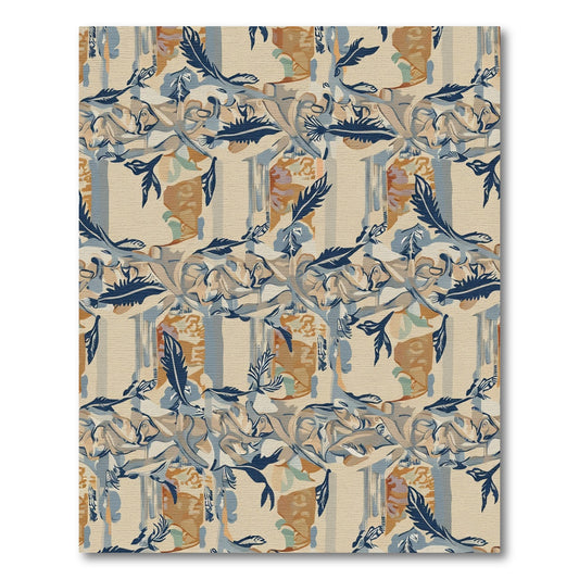 Abstract Tan Blue Floral Swirl Rug
