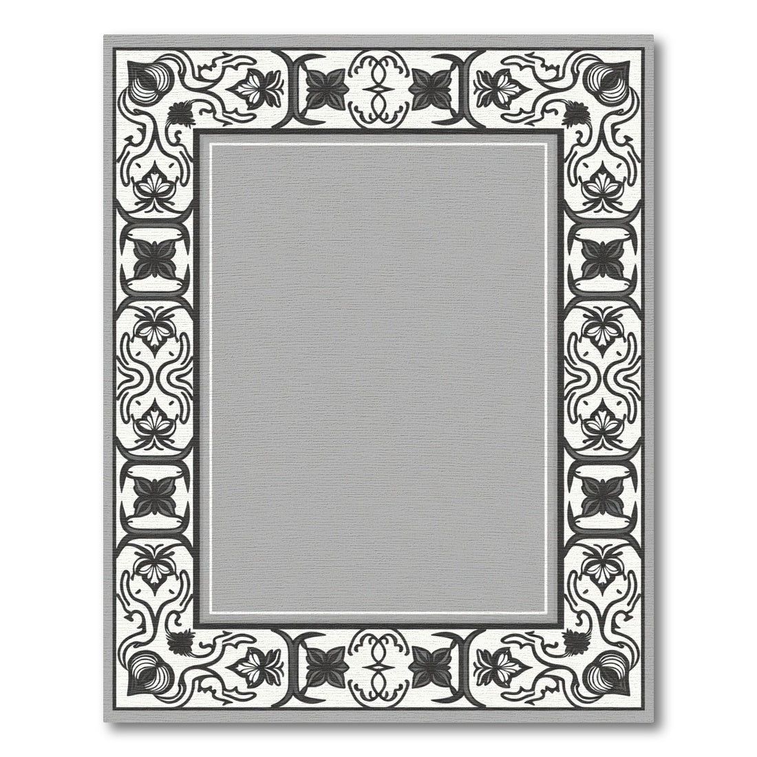 Monochromatic Black White Floral Border Rug