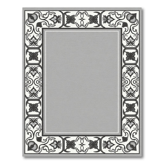 Monochromatic Black White Floral Border Rug