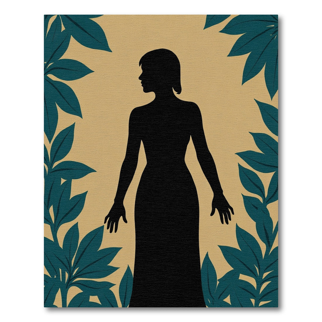 Black Figure Teal Leaf Framed Rug