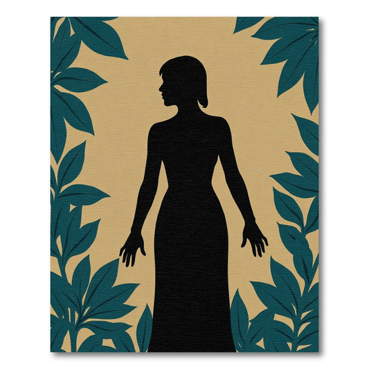 Black Figure Teal Leaf Framed Rug
