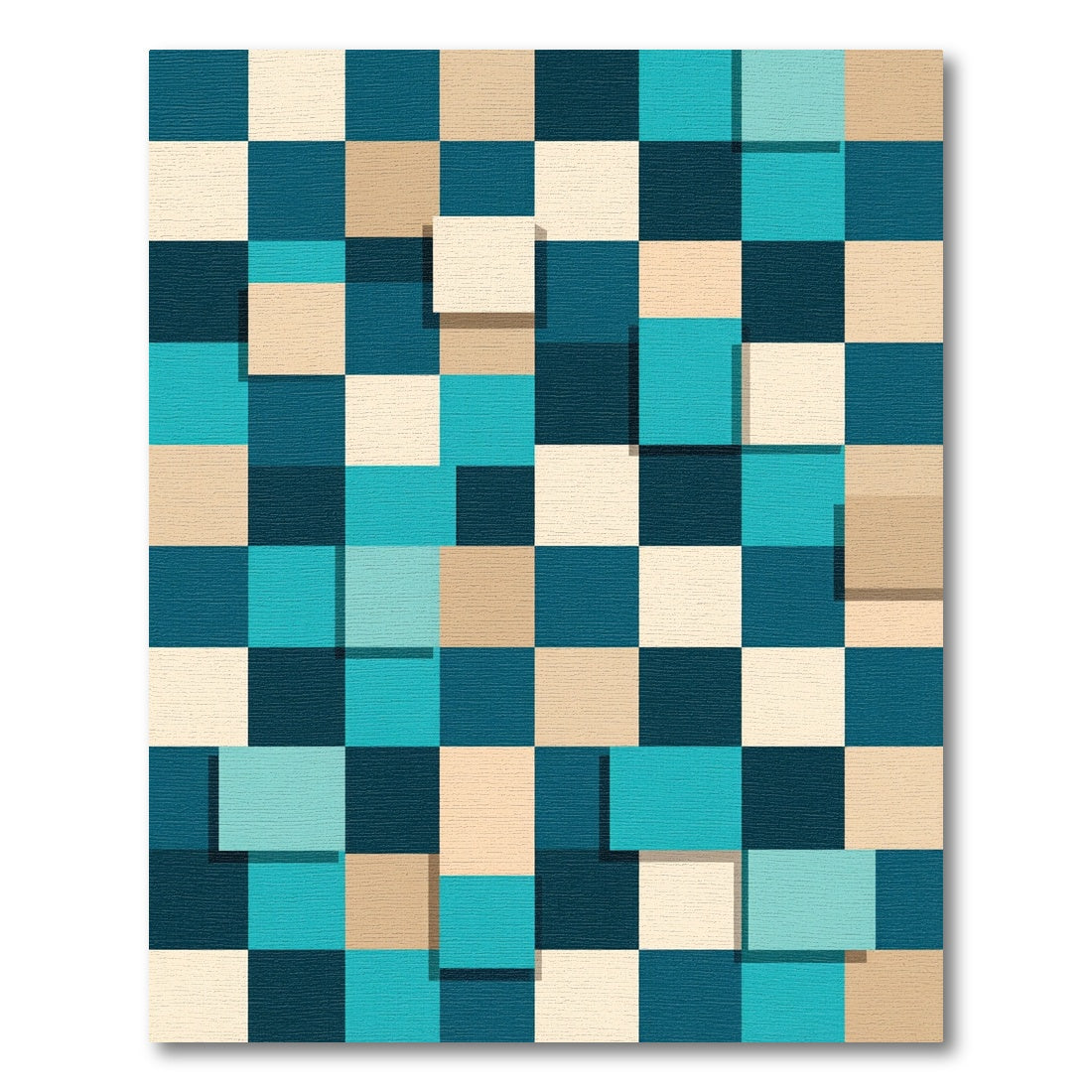Teal Cream Geometric Square Layered Rug