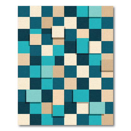 Teal Cream Geometric Square Layered Rug