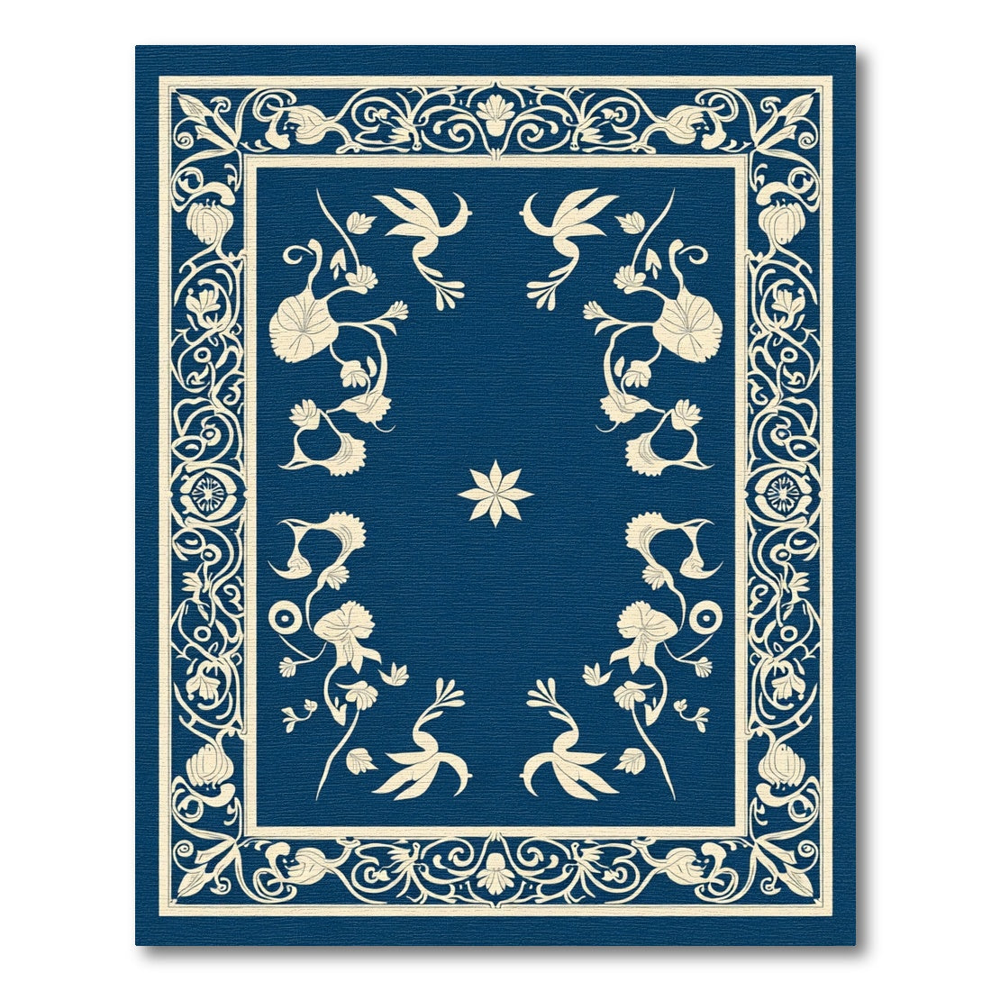 Rich Navy Floral Bird Scroll Rug