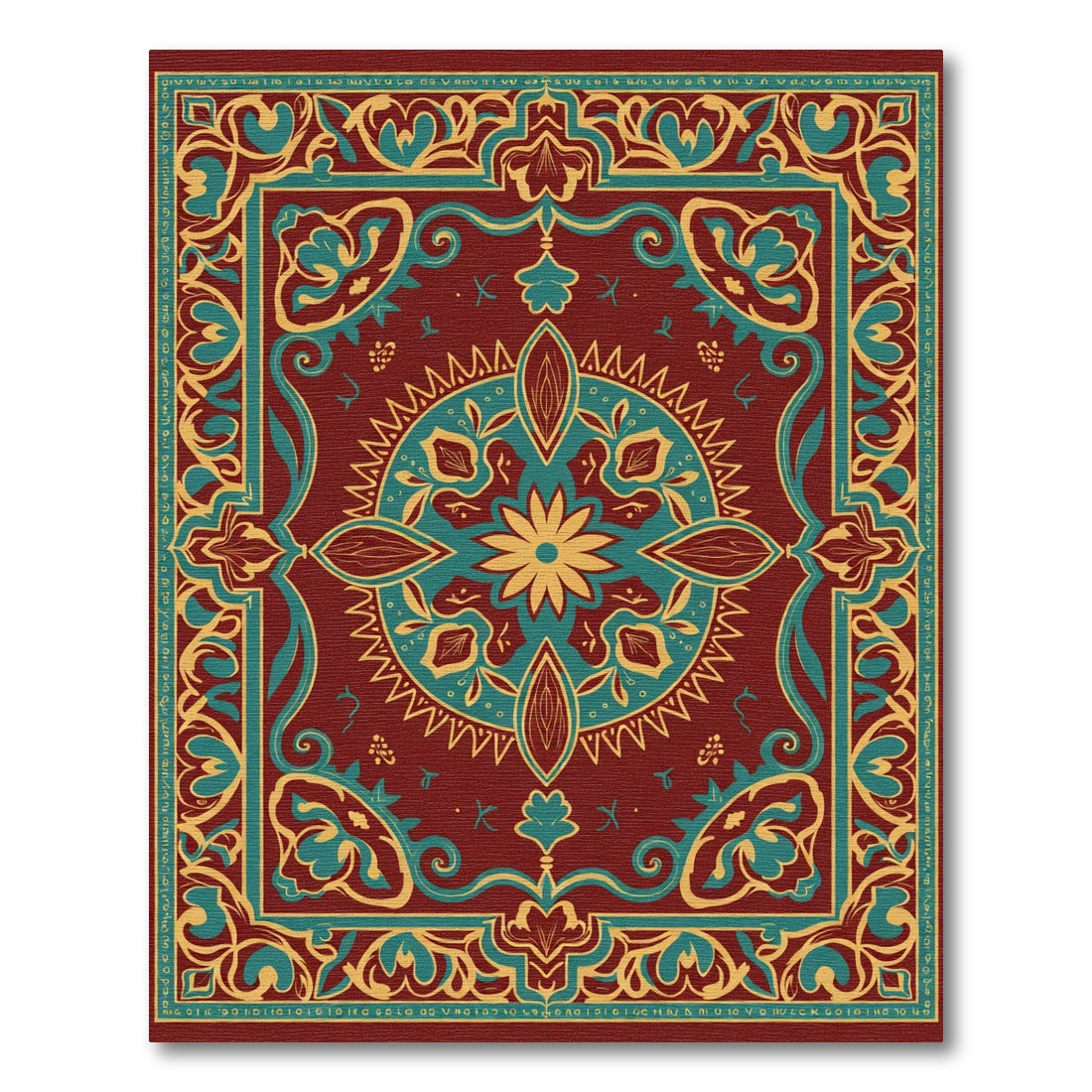 Crimson Teal Golden Floral Medallion Rug