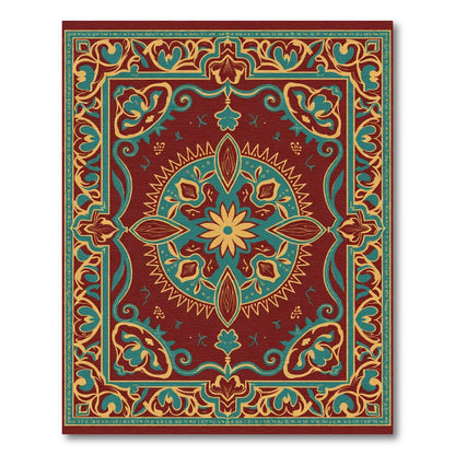 Crimson Teal Golden Floral Medallion Rug