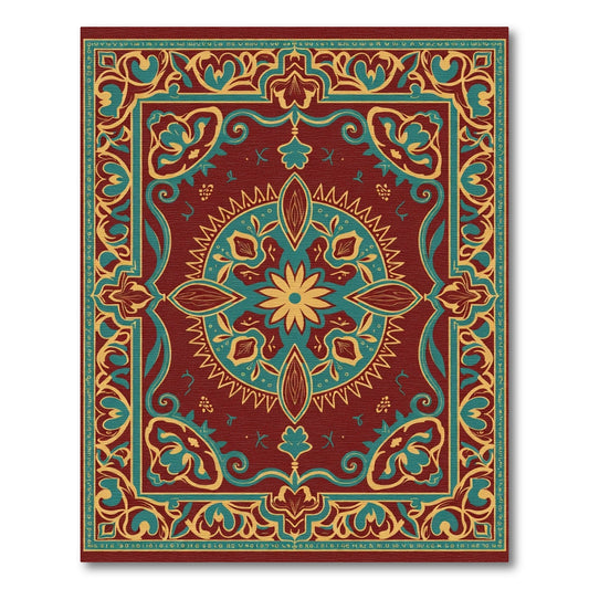 Crimson Teal Golden Floral Medallion Rug