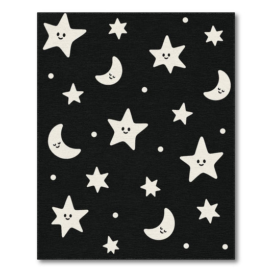 Celestial Smiling Stars Moons Kids Black White Area Rug