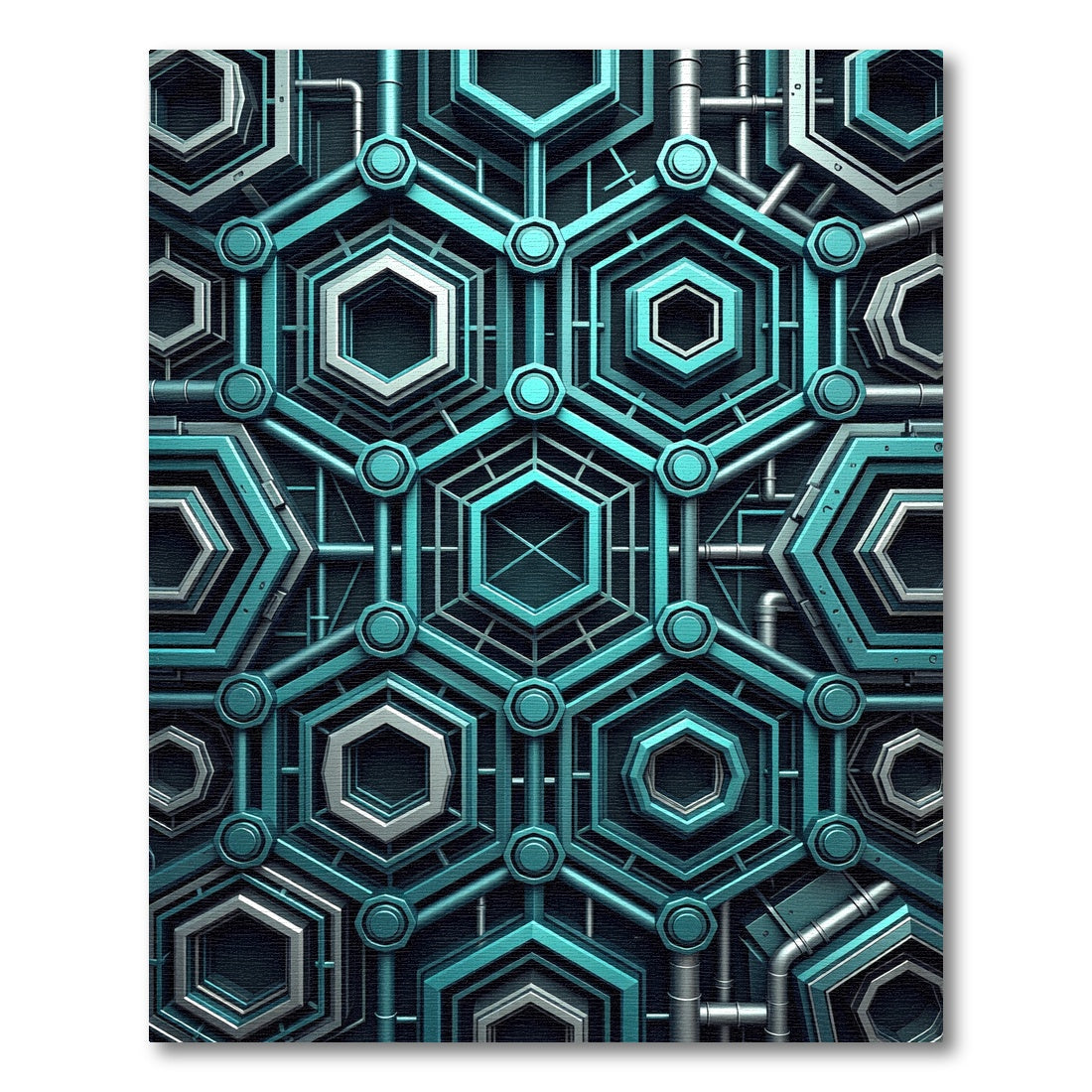 Teal Silver Hexagon Industrial Network Rug