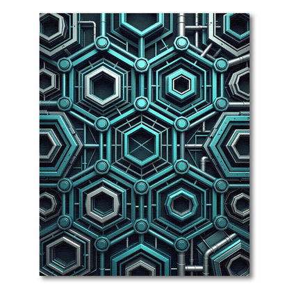 Teal Silver Hexagon Industrial Network Rug
